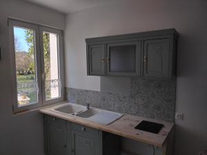 a kitchen with a sink and a window at Le moulin aux lunettes in Sablonnières