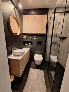 a bathroom with a sink and a toilet and a shower at Apartament TARNÓW LWOWSKA in Tarnów +8 photos