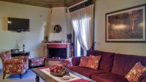 a living room with a purple couch and a fireplace at Valentini Guesthouse in Karpenisi