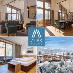 kolaż zdjęć salonu i kurortu alpejskiego w obiekcie Bergresort Tauernblick by ALPS RESORTS w mieście Mittersill