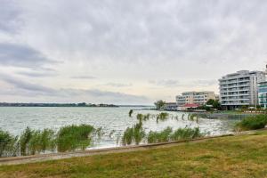 a large body of water with buildings and grass at Apar Ex Mamaia in Mamaia