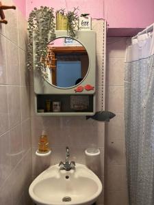 a bathroom with a sink and a mirror at Η Μεγάλη Χαρούμενη Αρκούδα in Pávliani