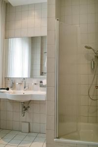 
a bathroom with a shower, sink, and mirror at Hotel Restaurant Witte in Ahlen
