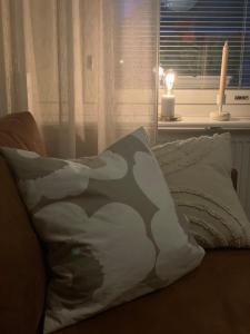 a camouflage pillow sitting on a couch with a window at Your Lapland Adventure Base in Rovaniemi +25 photos