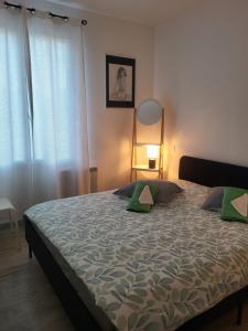 Un dormitorio con una cama grande con almohadas verdes. en Maison BRIALI avec Jacuzzi espace détente, en Aubignan