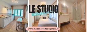 2 immagini di una camera con letto e bagno di Le studio - La maison de la côte des légendes a Plounéour-Trez