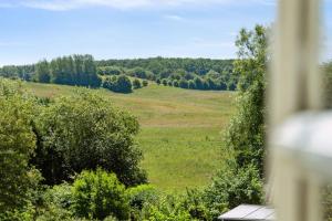 a view of a field and trees from a window at Old Local House From 1904 With Natural Garden in Tranekær +1 photo