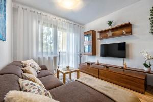 a living room with a couch and a flat screen tv at Apartment Katry with Tatry View & Balcony in Veľká Lomnica