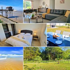 Un collage de fotos de un dormitorio y una sala de estar. en Villa Soléa - Proche Océan, en Grayan-et-lʼHôpital