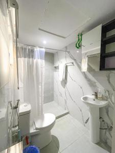 a white bathroom with a toilet and a sink at Luxurious Abuja Apartment with Private Entrance Central AC in Garki