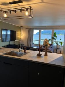 a kitchen with a sink and a living room at Cozy fjordside house, with mountain view 