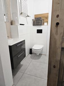 Un baño blanco con inodoro y lavabo. en Theatr City Centre, en Zielona Góra