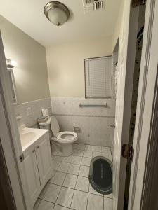 ein weißes Badezimmer mit Toilette und Waschbecken in der Unterkunft Urban haven 3 Kings bedroom near EWRNYC DTW in Newark