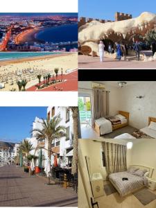 un collage di foto di una spiaggia e di edifici di Appartement agadir centre ad Agadir