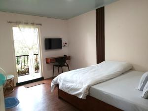 a bedroom with a bed and a desk and a television at Spring Grove B&B in Jowai