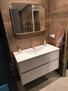 ein Badezimmer mit einem weißen Waschbecken und einem Spiegel in der Unterkunft Chambre entre mer et montagne in Barbaggio