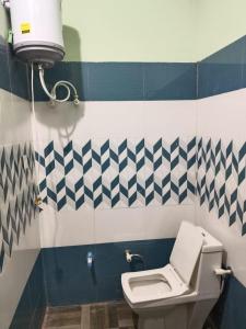a bathroom with a toilet and blue and white tiles at Anha Farmstay in Mādho Tānda