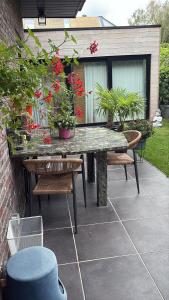 a stone table with chairs and plants on a patio at Efes home in Ghent