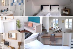 a collage of photos of a bedroom and a bathroom at Le Nid de la Baie - Confort - Calme - Centre in Abbeville