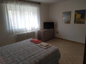 a bedroom with a bed and a dresser and a television at Da Matte e Ale - Tolmezzo in Tolmezzo