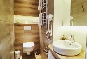 a bathroom with a sink and a toilet at Das Waldhaus - Winter Boardinghaus in Forbach +7 photos