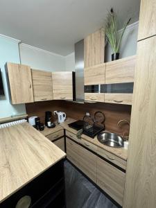 Una cocina con gabinetes de madera y un fregadero. en Studio, en Chalon-sur-Saône