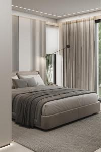 Un dormitorio con una cama grande y grandes ventanales. en AZULIS Aramis - Luxury 3-Bedroom Villa with Pool and Sea View, en Golfo Aranci