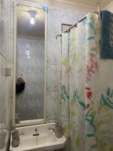 a bathroom with a sink and a shower with a mirror at Cabañas Casa Blanca in Valdivia