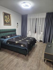 Un dormitorio con una cama y una ventana con cortinas. en Carul cu Flori, en Craiova