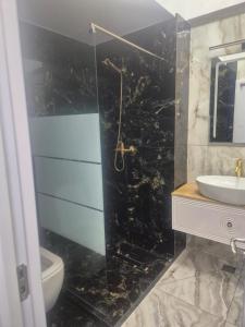 Un baño con ducha, lavabo y espejo. en Carul cu Flori, en Craiova