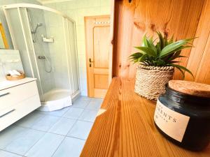 a bathroom with a wooden table with a plant on it at Apartment BergWiese 225 in Donnersbachwald +44 photos