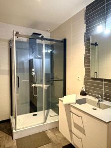 a bathroom with a shower and a sink at Les Pierres Dorées, demeure de caractère in Montels