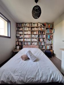 a bedroom with a large bed with bookshelves at Parenthèse contemporaine - Élégance et nature in Parigné-lʼÉvêque