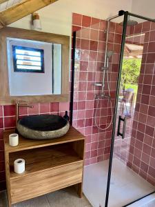 a bathroom with a tub and a shower with pink tiles at Caribbean Shelter in Bouillante