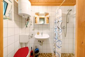 a small bathroom with a sink and a shower at Bungalow 25 - Kimbucht in Reichendorf +16 photos