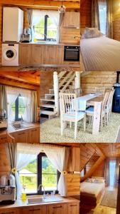 a collage of photos of a cabin with a bed and a kitchen at Cabana La Iura in Bistra