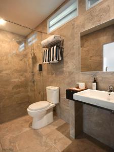 a bathroom with a toilet and a sink and a mirror at Batumera  +23 photos