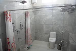 a small bathroom with a toilet and a shower at Bagh mahal by jungle vibes in Sawāi Mādhopur