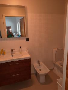 a bathroom with a sink and a toilet and a mirror at Ferienhaus Aäng 6 Südschweden in Vislanda