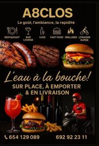 a poster for a restaurant with a hamburger and french fries at Complexe A8CLOS in Douala
