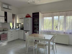 a kitchen with a table and chairs and a table and a window at Vlore Casa Vacanze in Vlorë