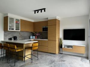 a kitchen with a table with chairs and a television at Penthouse Vakantielust in Blankenberge +29 photos