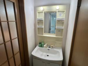 een badkamer met een wastafel en een spiegel bij 伊勢ヒルトップ アパートメント in Ise
