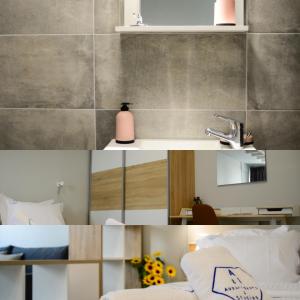 two pictures of a bathroom with a sink and a sink at A&I Apartments & Studios in Athens
