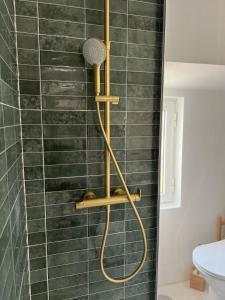 een badkamer met een gouden douchekop bij Lisbon Apartment HomeMode Príncipe Real  +11 foto's