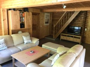 FrielendorfにあるBlockhaus Marieのリビングルーム(白いソファ、テレビ付)