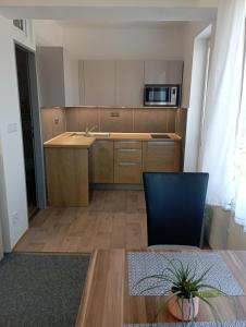 una cocina vacía con mesa y microondas en Apartmány Martina, en Vrchlabí