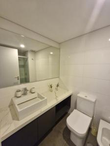 a bathroom with a toilet and a sink and a mirror at Al lado de la playa, restaurantes y el WTC in Montevideo +34 photos