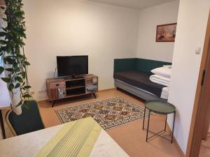 a small living room with a television and a table at Gosciniec Tombor in Katowice