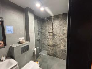 a bathroom with a shower and a toilet and a sink at Nowy Zakątek in Kobyla Góra +4 photos